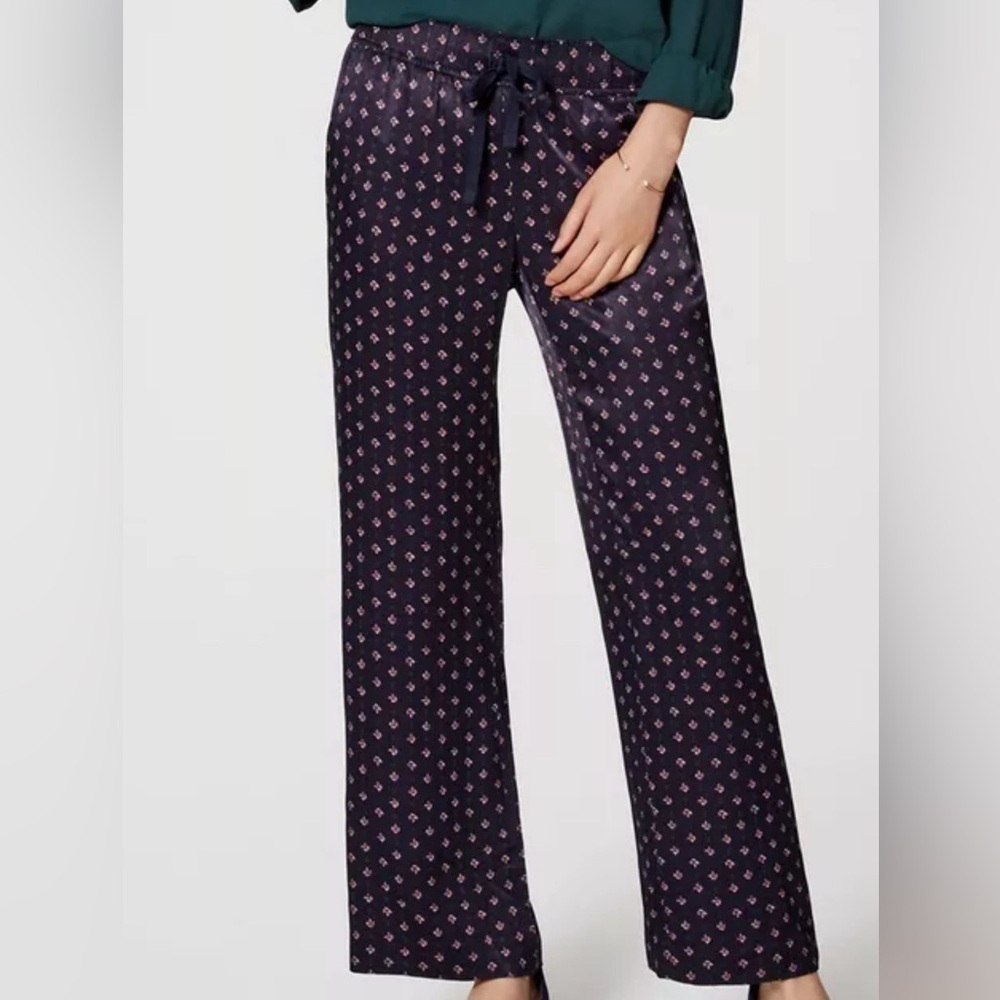 Ann Taylor LOFT Geo Fluid Drawstring Pants Navy Blue Satin Women’s 2